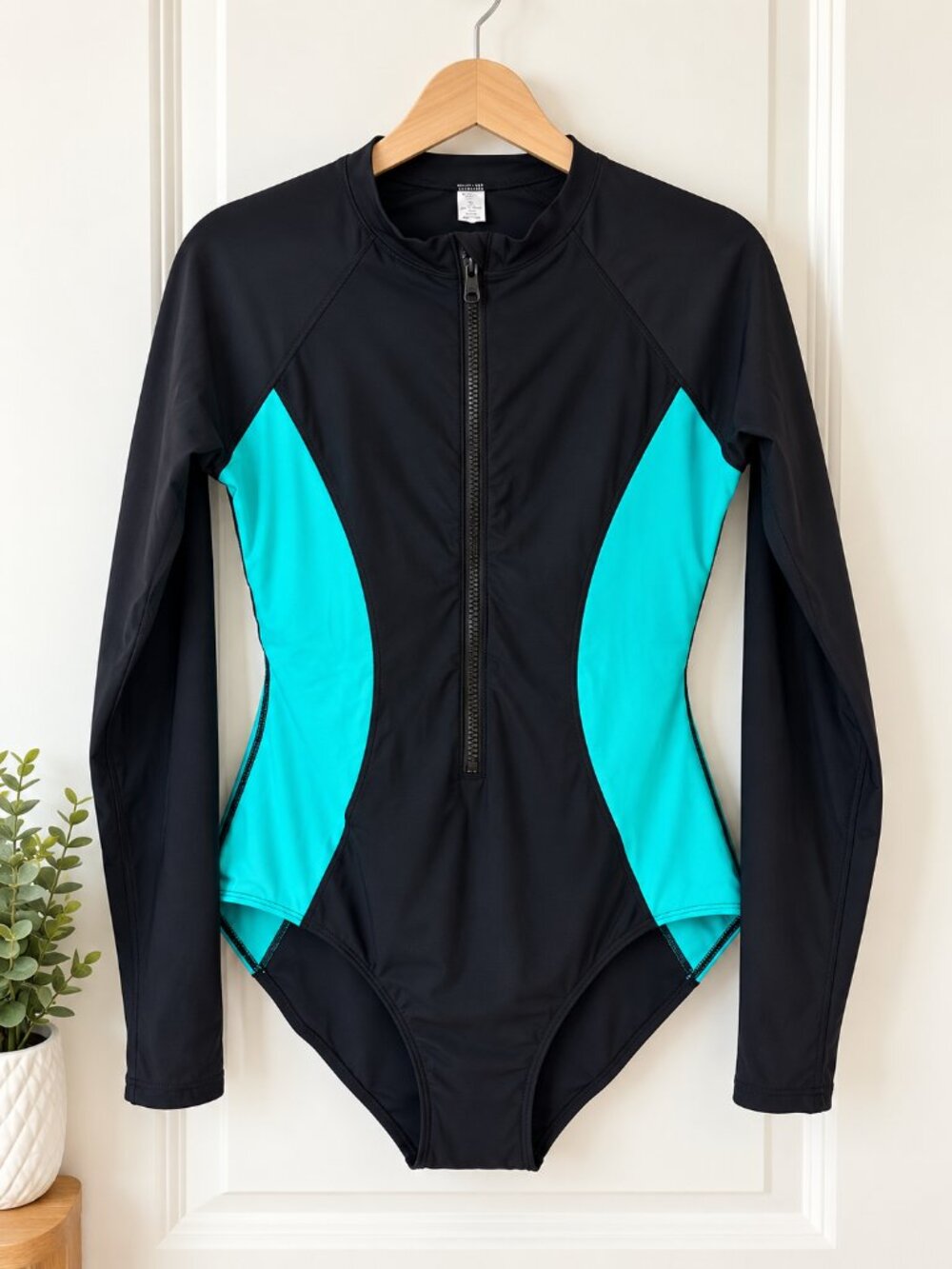 Women’s Long Sleeve One Piece Swimsuit Black Teal Zip Front Rash Guard Large